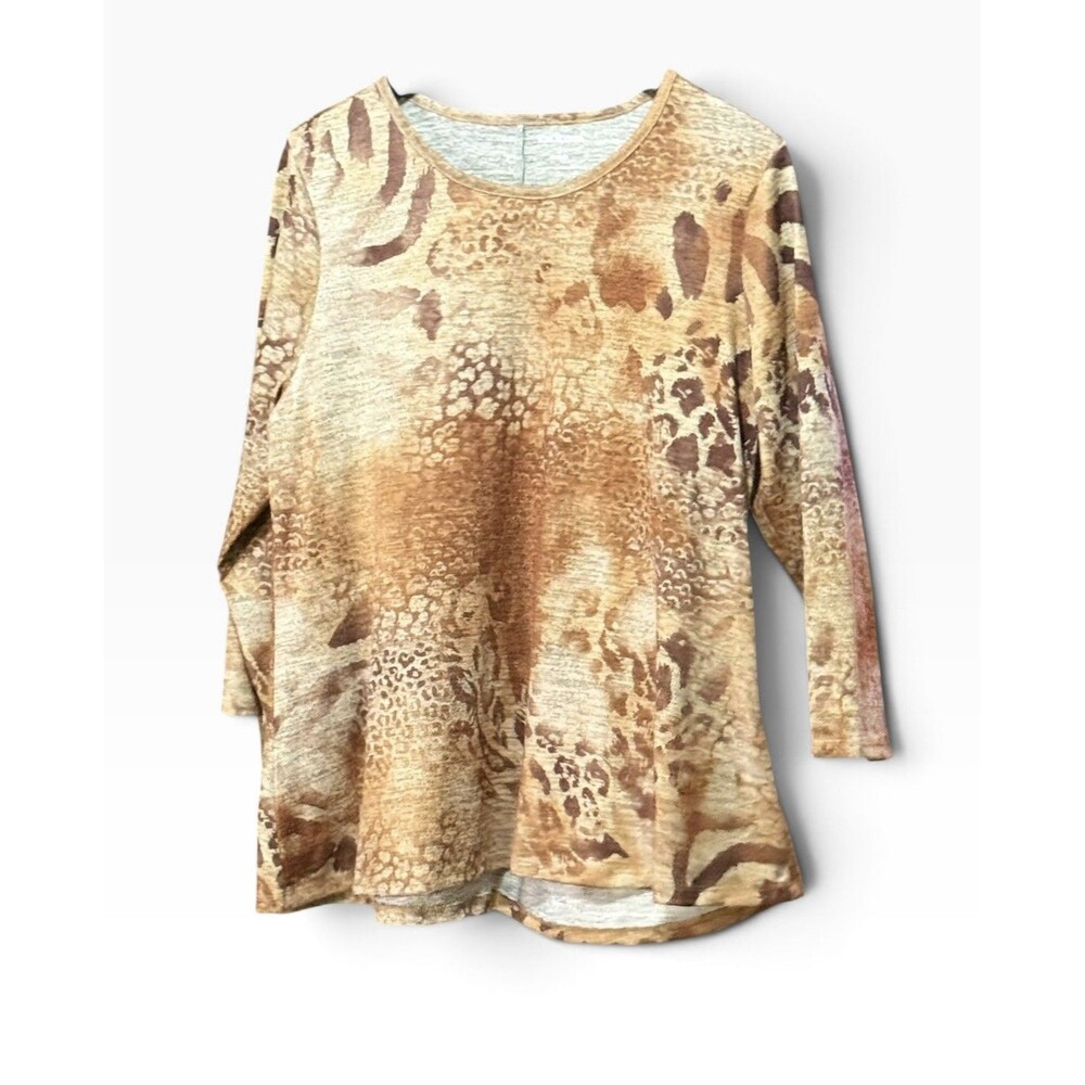 Kim Rogers Women’s Large Animal Print Tunic Top Brown Tan Leopard Zebra Stretch